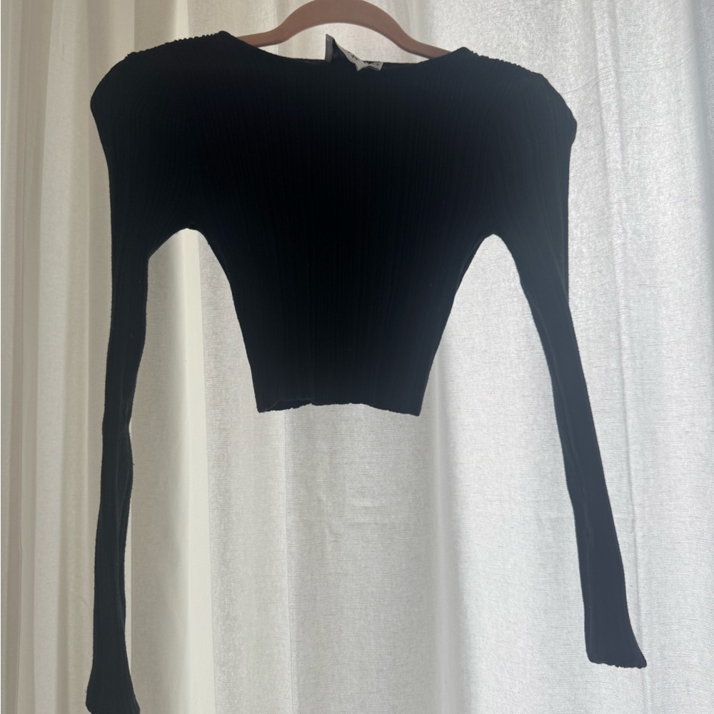Princess Polly Black Ribbed Long-Sleeve Crop Top